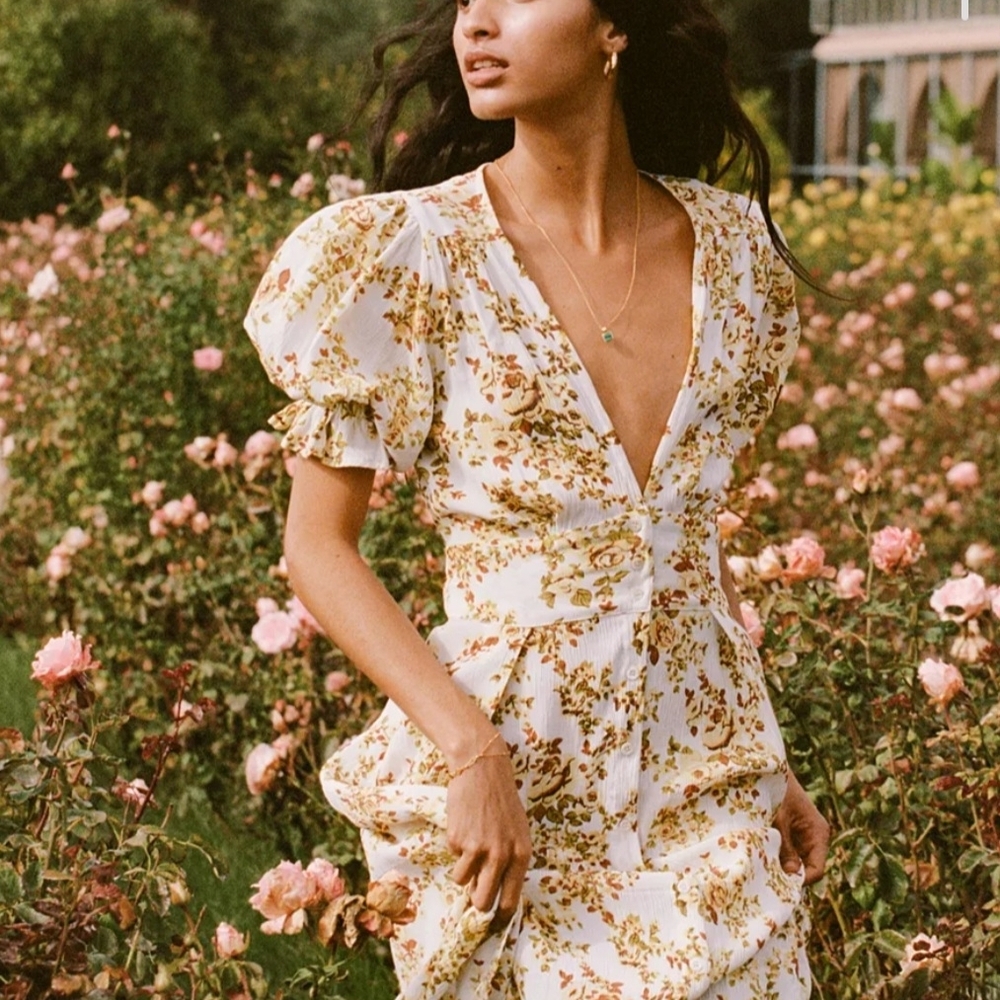 Anthropologie Faithfull the Brand Rafa Yellow and Red Floral Crepe Midi Dress,XS - Picture 4 of 12
